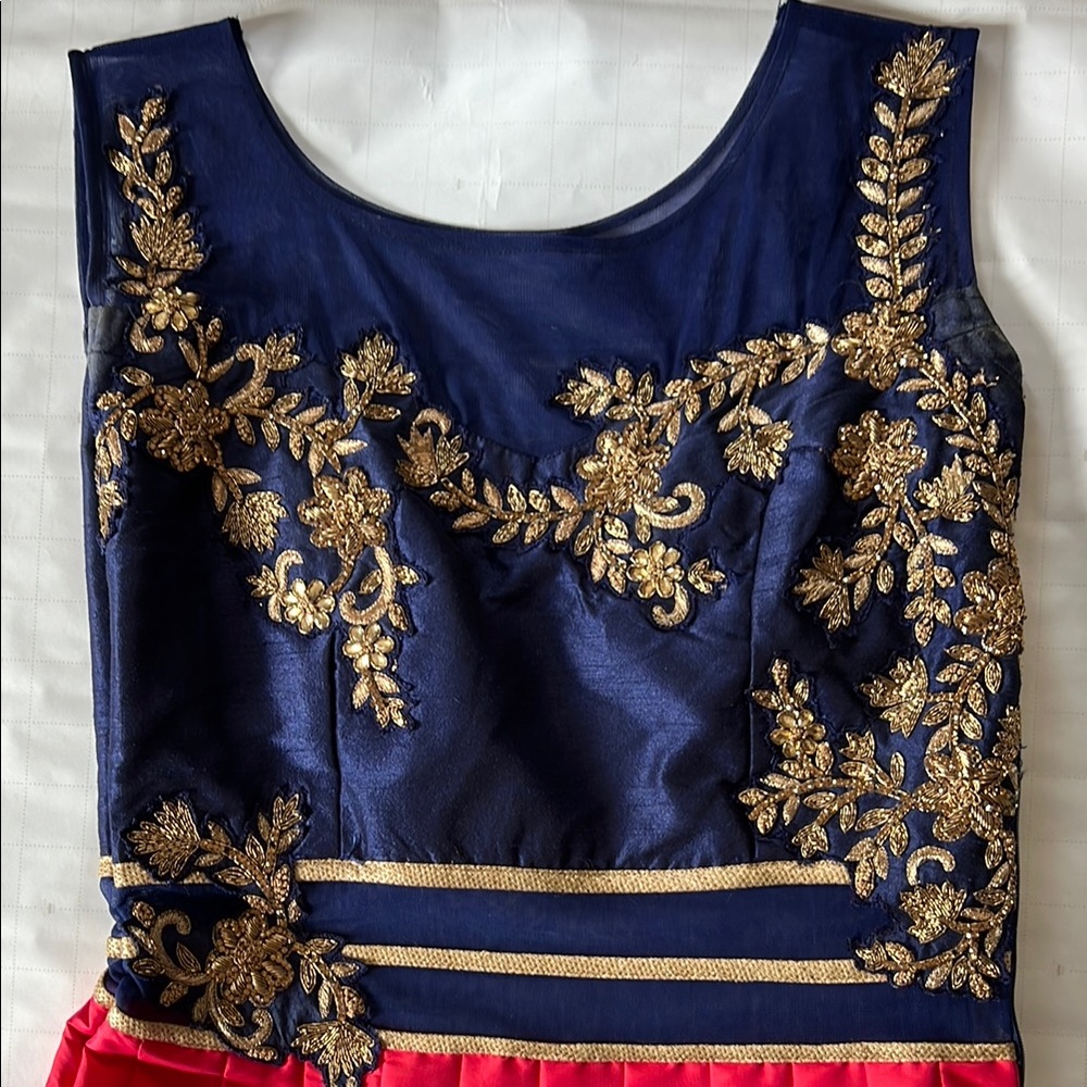 Indian Gown Navy, Coral, and Gold Embroidered